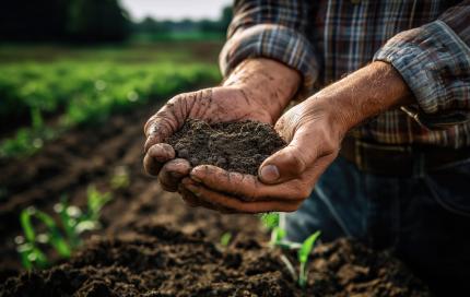 boer bekijkt de grond om op te telen